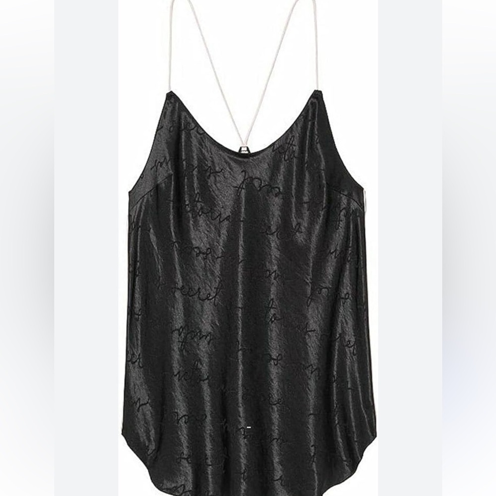 Victoria’s Secret Black Satin Pajama Tank Top Pink Piping Cursive Logo Size S